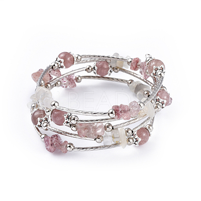 Five Loops Natural Strawberry Quartz & Moonstone Wrap Bracelets BJEW-JB04488-03-1