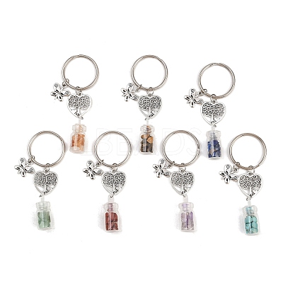7Pcs 7 Styles Glass Bottle with Chakra Gemstone Chip Inside Keychains KEYC-JKC01393-02-1