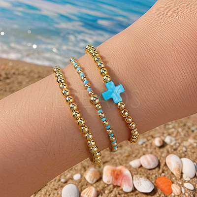 3Pcs Brass & Natural Shell Beads & Glass Seed Beads Stretch Bracelets Set for Women YJ9713-2-1