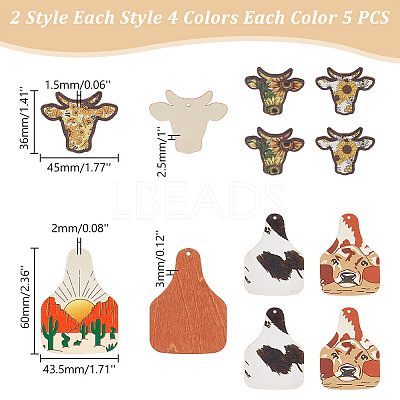 40Pcs 8 Style Single Face Printed Basswood Big Pendants WOOD-AR0001-35-1