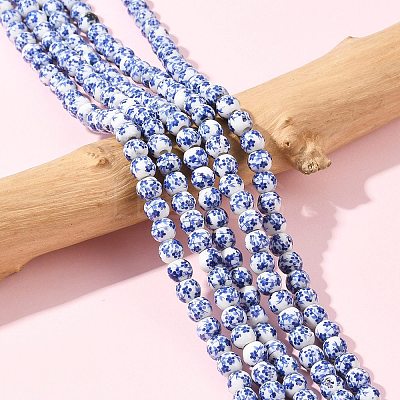 Handmade Flower Printed Porcelain Ceramic Beads Strands PORC-M005-6mm-10-1