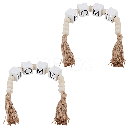 Wood Beaded Garland with Jute Cord Tassels DJEW-WH0042-68A-1