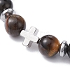 Natural Tiger Eye & Obsidian Round & Brass Cross Braided Bead Bracelets BJEW-JB09704-02-3