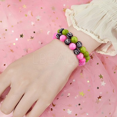 Hot Pink Gold Natural Yellow Jade Round Beaded Stretch Bracelet BJEW-SW00077-05-1