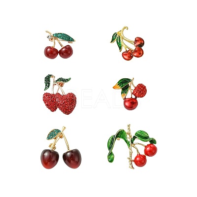 6Pcs 6 Styles 3D Resin Cherry Brooch Pin with Rhinestone JEWB-CJ0001-32-1