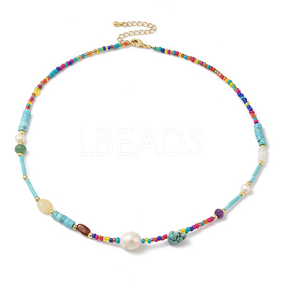 Natural Turquoise & & Pearl & Glass Seed Boho Beaded Necklace for Women NJEW-G099-05G-1