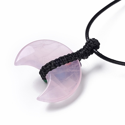 Adjustable Natural Rose Quartz Double Horn Pendant Necklace with Wax Cord for Women NJEW-B086-01I-1