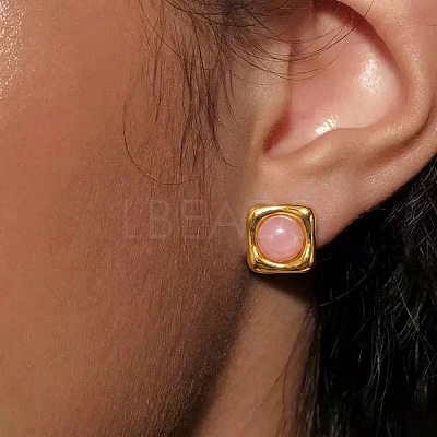 304 Stainless Steel Natural Rose Quartz Stud Earrings for Women OU7519-4-1
