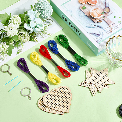 1 Set Wooden Heart Star Keychain Embroidery Beginner Kit DIY-SC0030-07-1