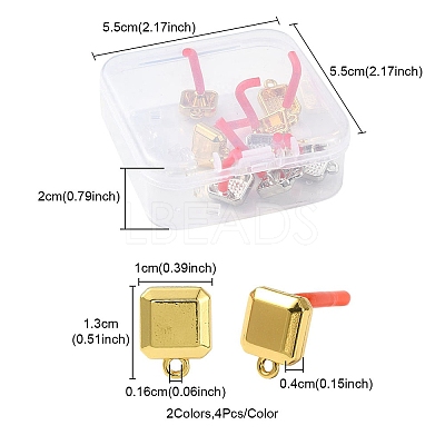 8Pcs 2 Color Rack Plating Alloy Square Stud Earring Findings FIND-YW0003-80-1