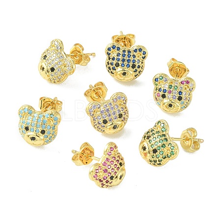 Bear Cubic Zirconia Stud Earrings EJEW-F312-01G-1