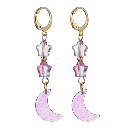 Moon & Star Glass Dangle Leverback Earrings with 304 Stainless Steel Pins EJEW-JE05605-03-1