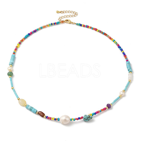 Natural Turquoise & & Pearl & Glass Seed Boho Beaded Necklace for Women NJEW-G099-05G-1
