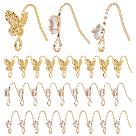 SUNNYCLUE 30Pcs 3 Style Brass Micro Clear Cubic Zirconia Earring Hooks FIND-SC0008-30-1