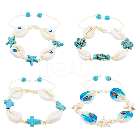 4Pcs 4 Style Natural Shell with Evil Eye Braided Bead Bracelets Set BJEW-FI0001-74-1