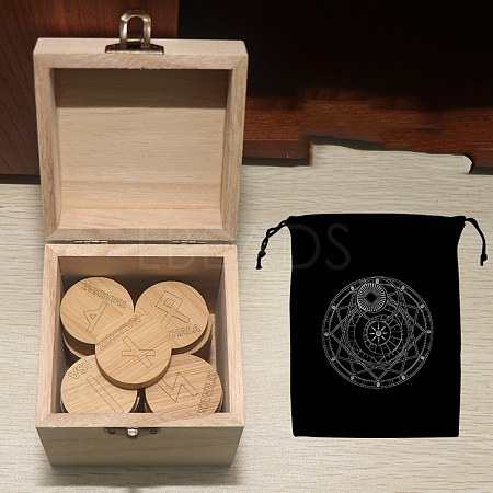 Wood Round Elder Futhark Alphabet Engraved Symbol Rune Stones Sets PW-WG106ED-09-1