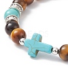 Natural Tiger Eye & Synthetic Turquoise(Dyed) Cross Beaded Bracelet BJEW-TA00179-01-2