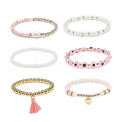 6Pcs 6 Style Natural & Synthetic Mixed Gemstone & Pearl & Resin Evil Eye Stretch Bracelets Set BJEW-JB08885-1