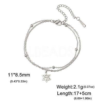 304 Stainless Steel Star of David Chai Charm 2-Strand Chain Bracelets for Women WGF5AD7-03-1