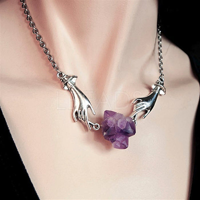 Both Hands Alloy with Nuggets Natural Amethyst Pendant Necklaces FS-WG3CF2D-01-1