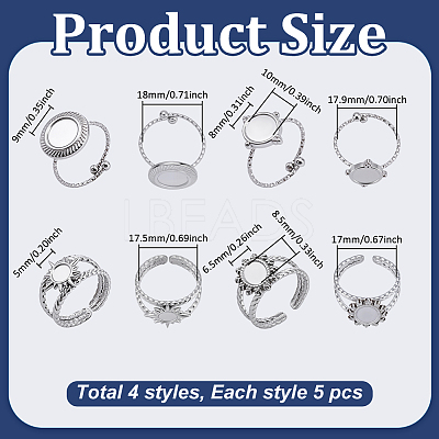 20Pcs 4 Styles 304/201 Stainless Steel Open Cuff Ring Findings STAS-ME0003-06-1
