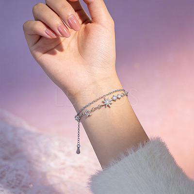 Brass Pave Clear Cubic Zirconia Star Tassel 2-Strand Bracelets for Women WG8024F-01-1