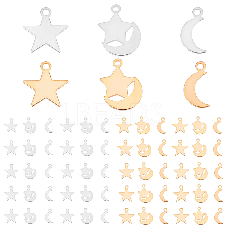   60Pcs 3 Style Moon & Star Brass Charms KK-PH0039-79-1