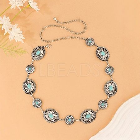 Oval Flower Alloy with Dyed Synthetic Turquoise Link Chain Waist Belly Chains for Women FS-WG9F428-02-1