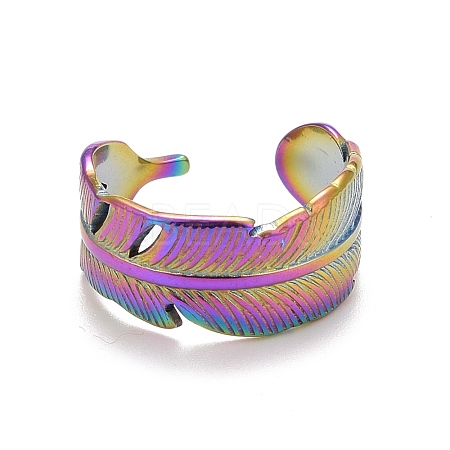 Rainbow Color Ion Plating(IP) 304 Stainless Steel Feather Wrap Open Cuff Ring for Women RJEW-A005-20-1