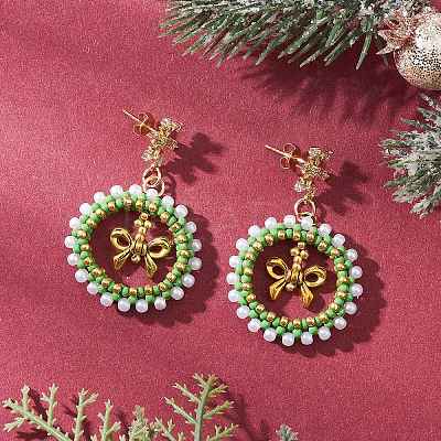 Christmas Wreath Brass Glass Dangle Stud Earrings EJEW-MZ00613-1