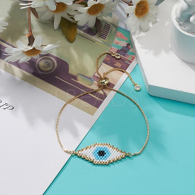 Japanese Seed Braided Rhombus with Evil Eye Link Slider Bracelet BJEW-MZ00001-02-1