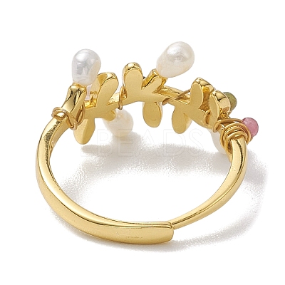 Leaf Natural Pearl & Natural Tourmaline Adjustable Rings RJEW-P113-16G-1