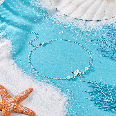 1Pc Starfish Alloy & Plastic Pearl Anklets AJEW-LP0007-56-1