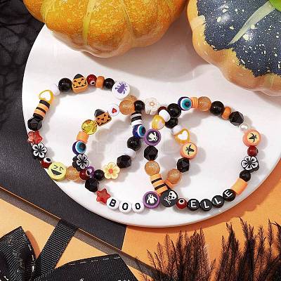 3Pcs 3 Styles Halloween Theme Resin & Polymer Clay & Glass Beaded Stretch Bracelets BJEW-JB10876-1
