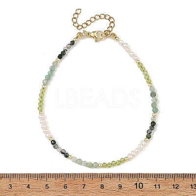 Gradient Faceted Round Natural Moss Agate & Green Aventurine & Potato Natural Pearl Beaded Anklets AJEW-AN00873-01-1
