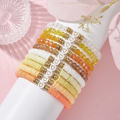 10Pcs Polymer Clay Disc & Glass & Brass Beaded Stretch Bracelets Set BJEW-JB09676-03-1