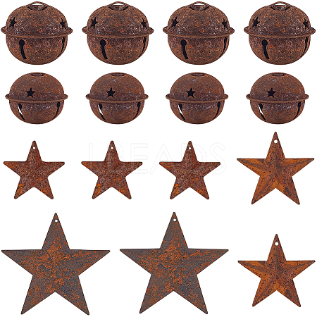 50Pcs 5 Styles Rust Iron Bell with Star Pendants IFIN-CN0001-02-1