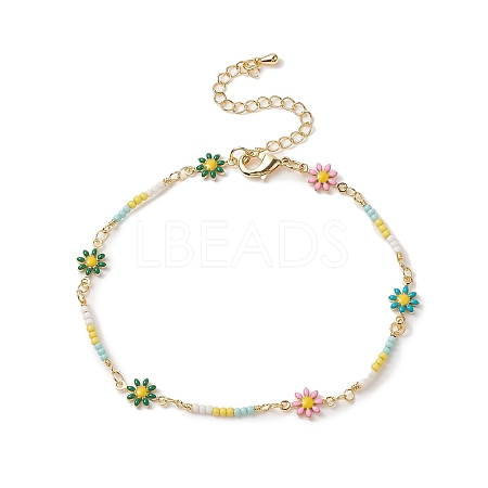Handmade Brass Daisy Flower Link Chain Anklet for Women AJEW-AN00533-1