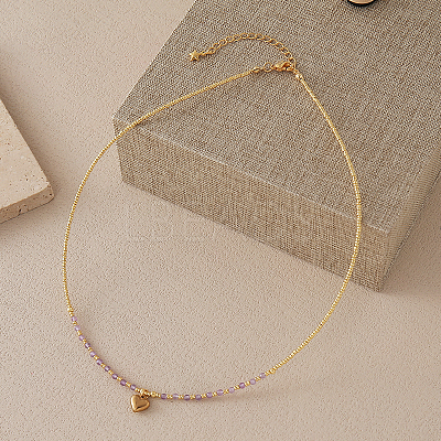 Stainless Steel Heart Pendant Faceted Round Natural Amethyst with Miyuki Beaded Necklaces LS-UF0843-9-1