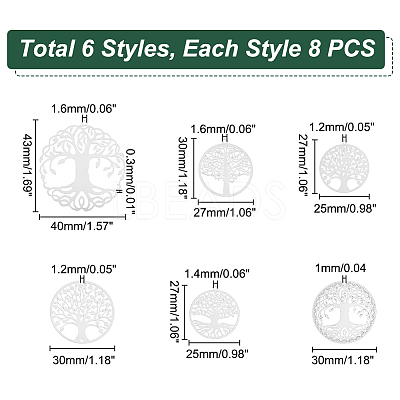 48Pcs 6 Style 201 Stainless Steel Filigree Pendants STAS-UN0042-04-1