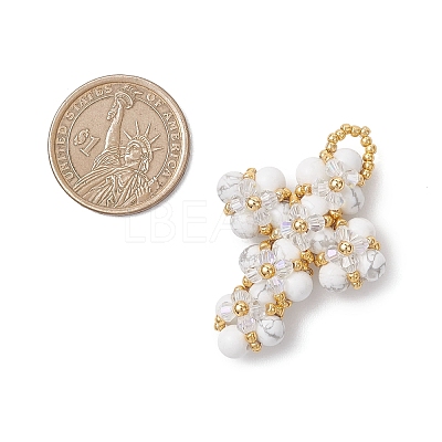 Natural Howlite Round Beads & Glass Seed Beaded Cross Pendants PALLOY-MZ01151-03-1