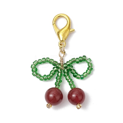Cherry Natural Carnelian & Glass Seed Beads Pendant Decorations HJEW-MZ00128-01-1