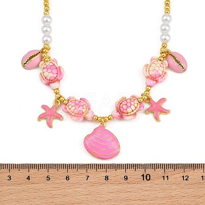 Ocean Brass Enamel Starfish Shell Shape Pendant Round ABS Imitation Pearl Beaded Necklaces KK-CBA4547-04C-G-1