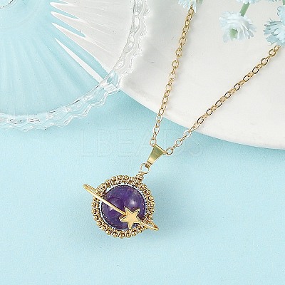 Natural Amethyst Copper Wire Wrapped Planet Pendant Brass Cable Chain Necklaces for Women NJEW-TA00260-02-1