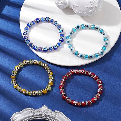 4Pcs 4 Colors Evil Eye Handmade Lampwork & Electroplated Glass Stretch Bracelet Sets BJEW-TA00520-1