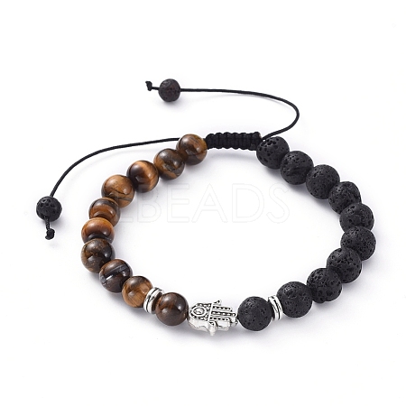 Natural Lava Rock & Tiger Eye Beads Adjustable Braided Bracelets BJEW-JB04987-01-1