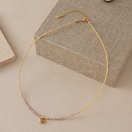Stainless Steel Heart Pendant Faceted Round Natural Amethyst with Miyuki Beaded Necklaces LS-UF0843-9-1