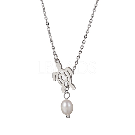 Natural Pearl & Hollow Turtle Lariat Necklaces NJEW-JN04528-02-1