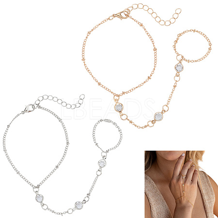 4Pcs 2 Colors Alloy Curb Chain Finger Ring Bracelets for Women BJEW-CY0001-07-1