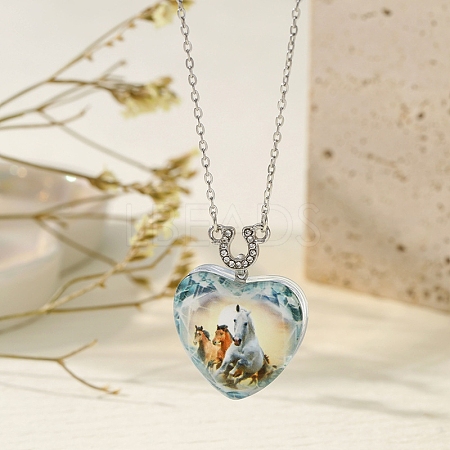 Heart with Horse Pattern Glass Pendant Necklaces PW-WGF1C5C-01-1